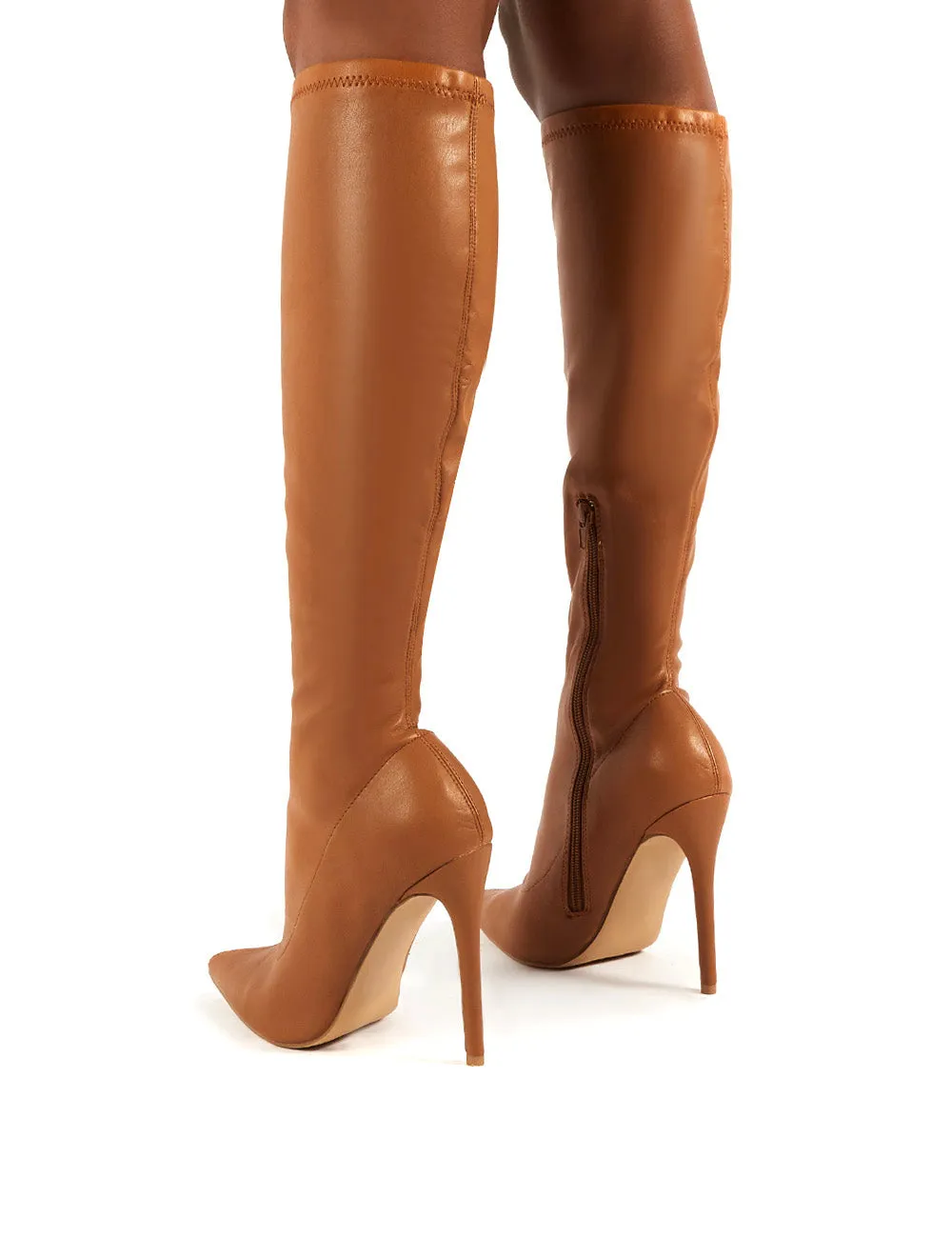 Ambition Camel PU Knee High Stiletto Heel Boots