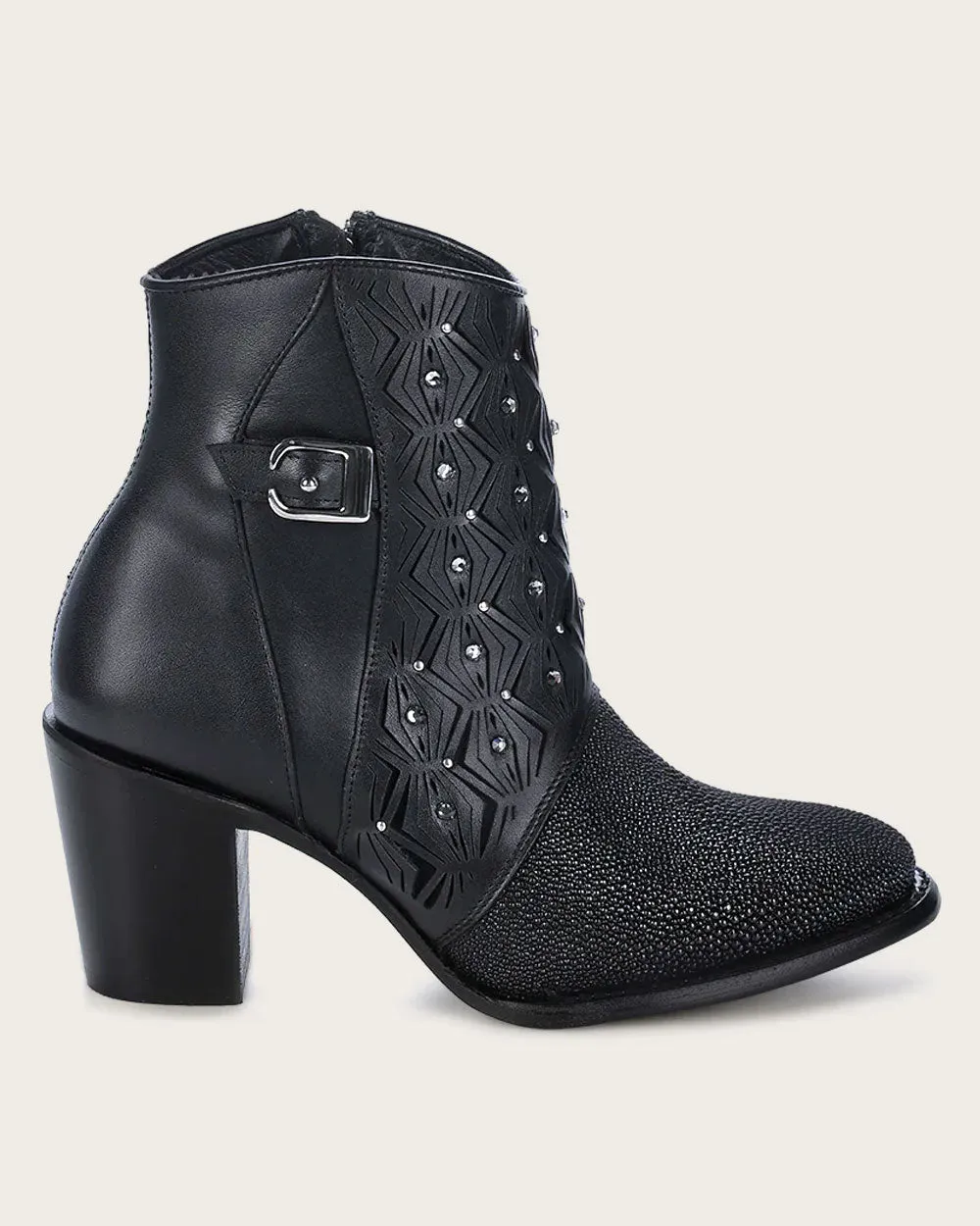 Ankle perforated black exotic bootie