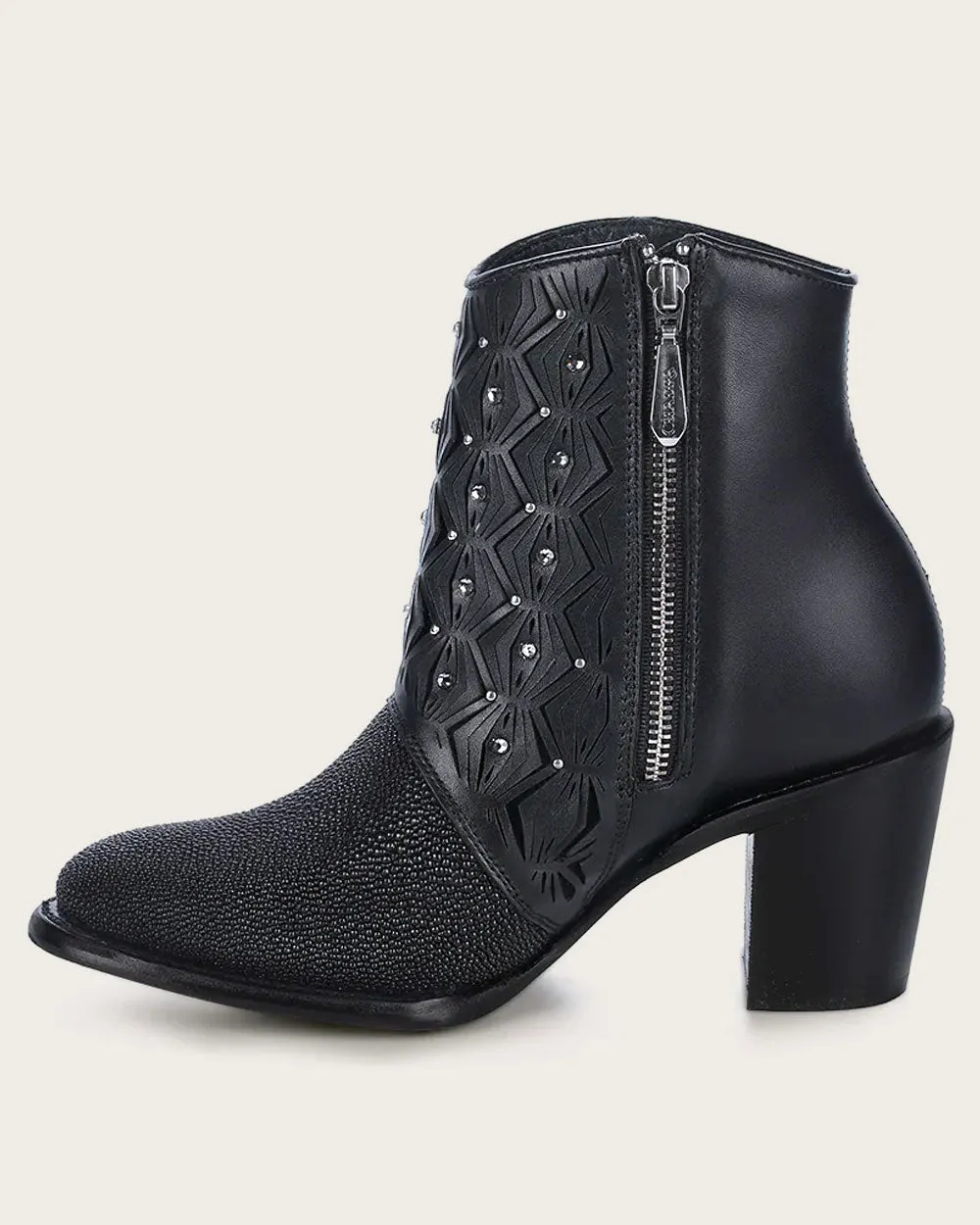 Ankle perforated black exotic bootie