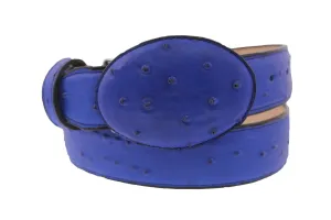 Blue Western Cowboy Belt Ostrich Quill Print Leather - Rodeo Buckle