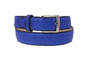 Blue Western Cowboy Belt Ostrich Quill Print Leather - Silver Buckle