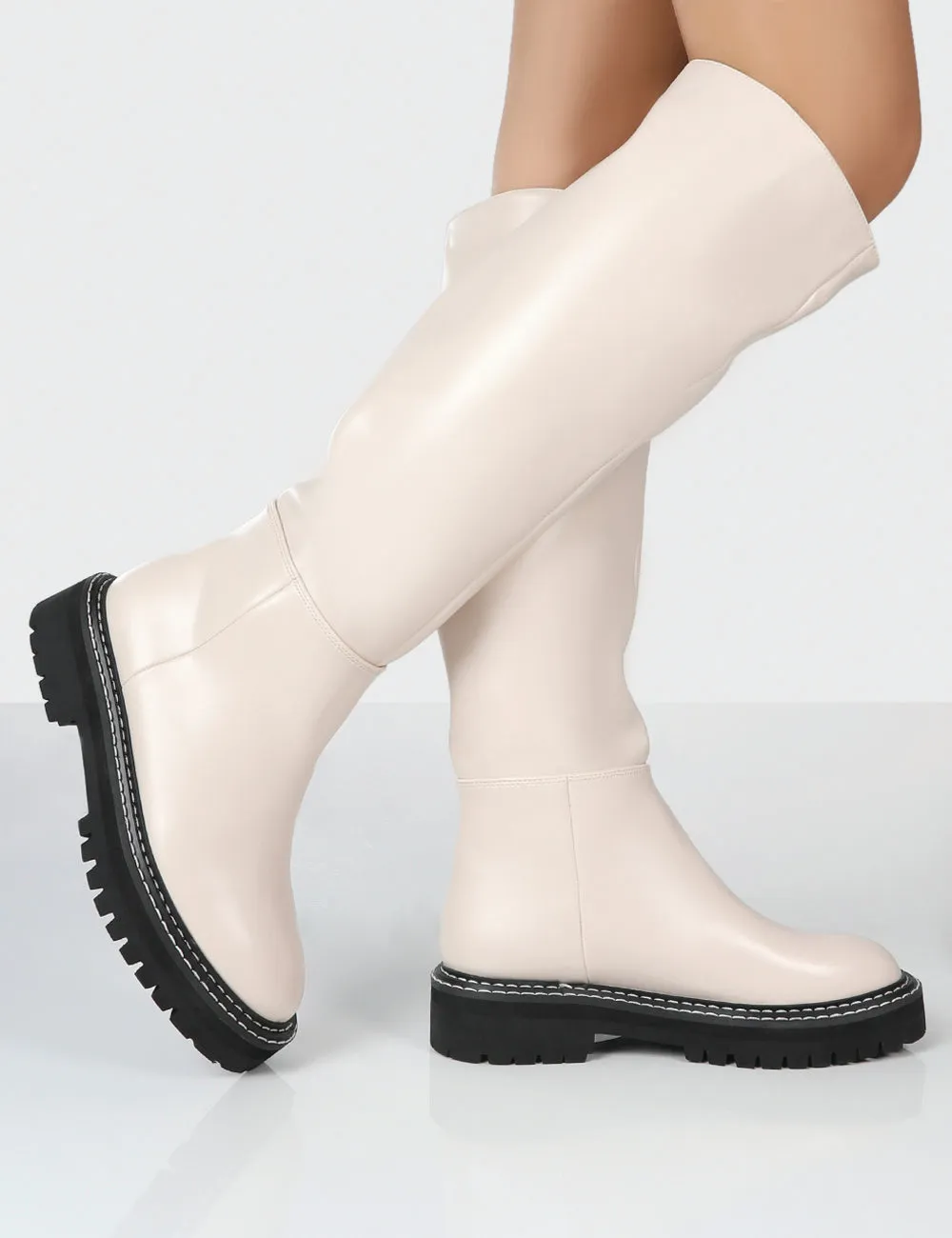 Dana Bone Pu Chunky Sole Knee High Boots