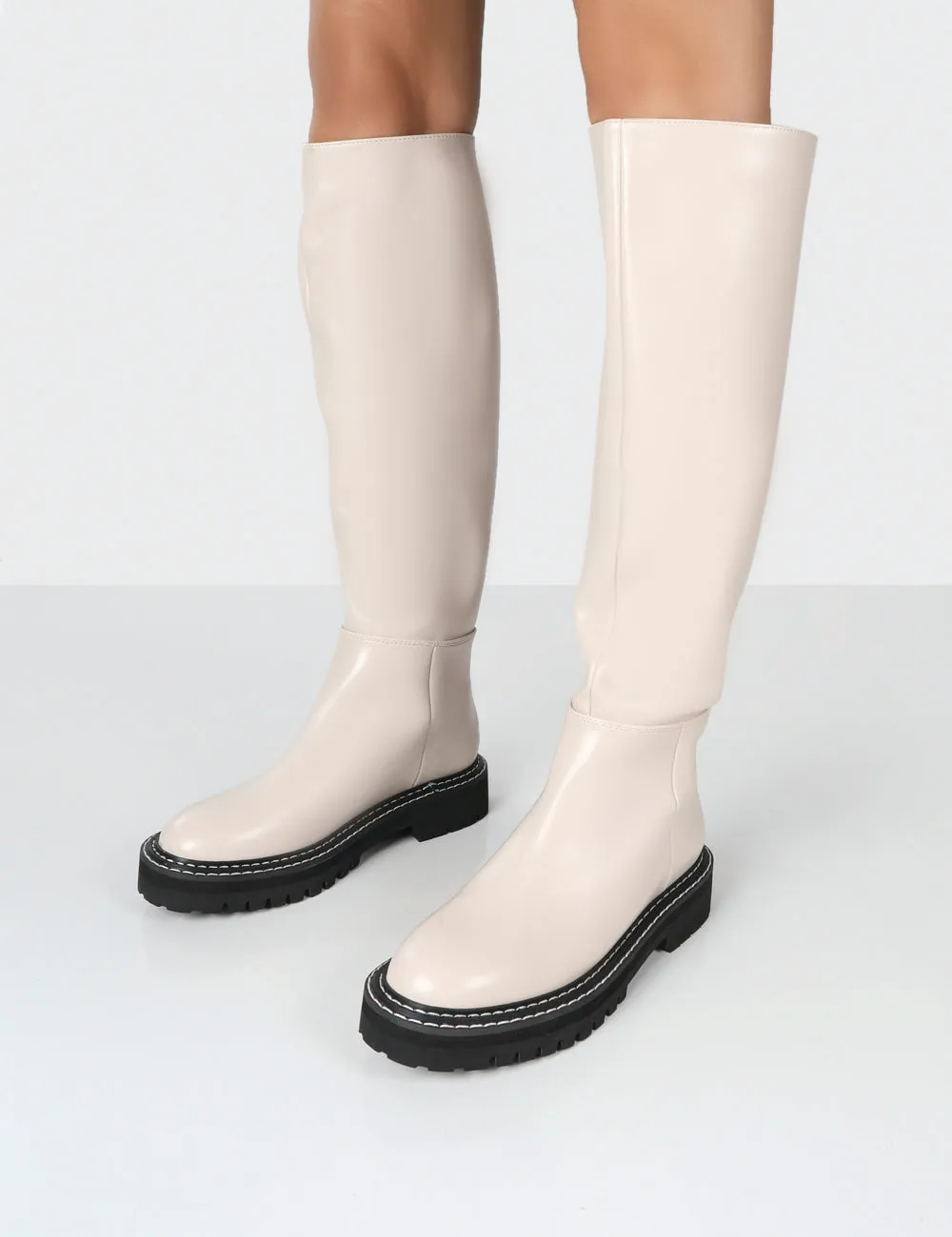 Dana Bone Pu Chunky Sole Knee High Boots