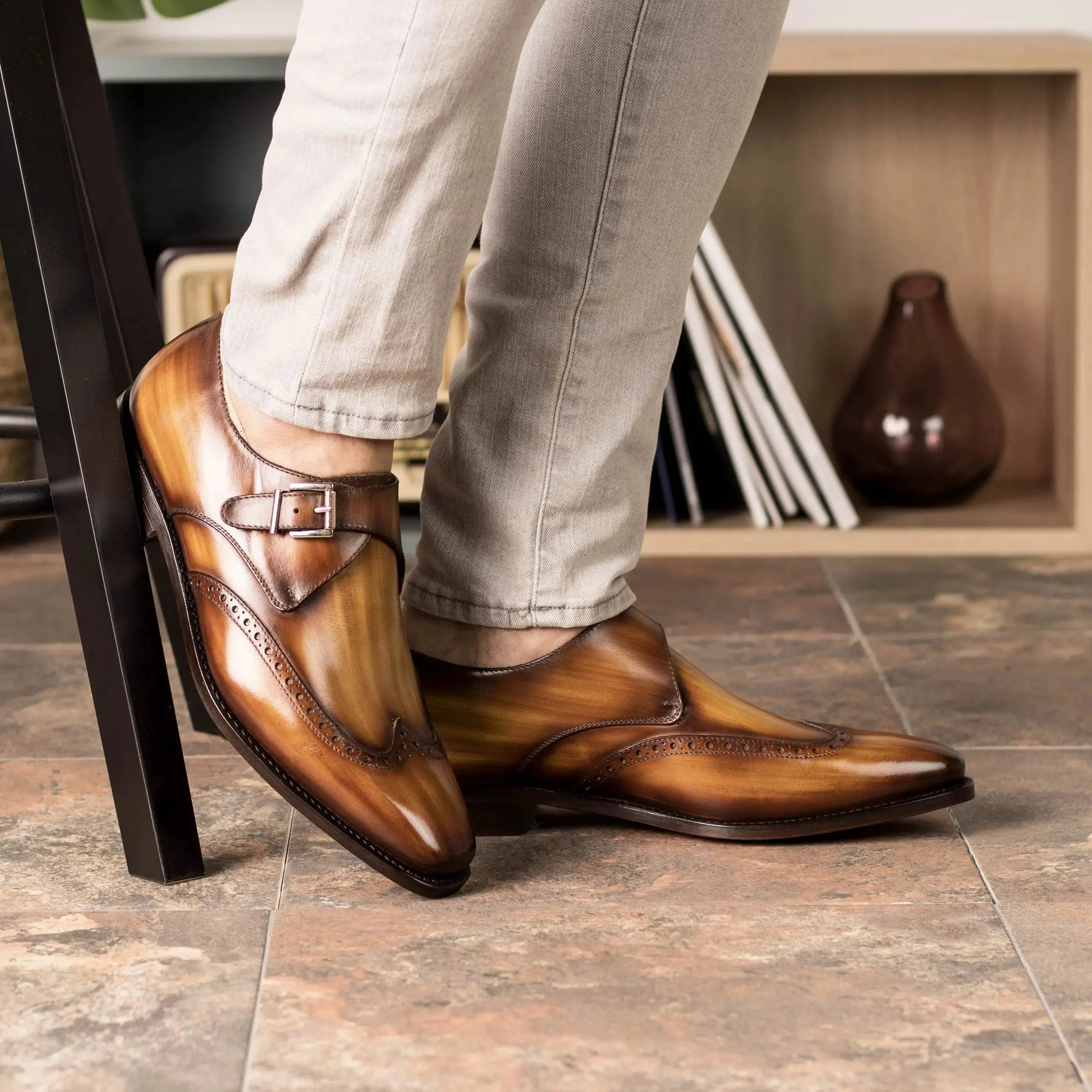 DapperFam Brenno in Cognac Men's Hand-Painted Patina Single Monk