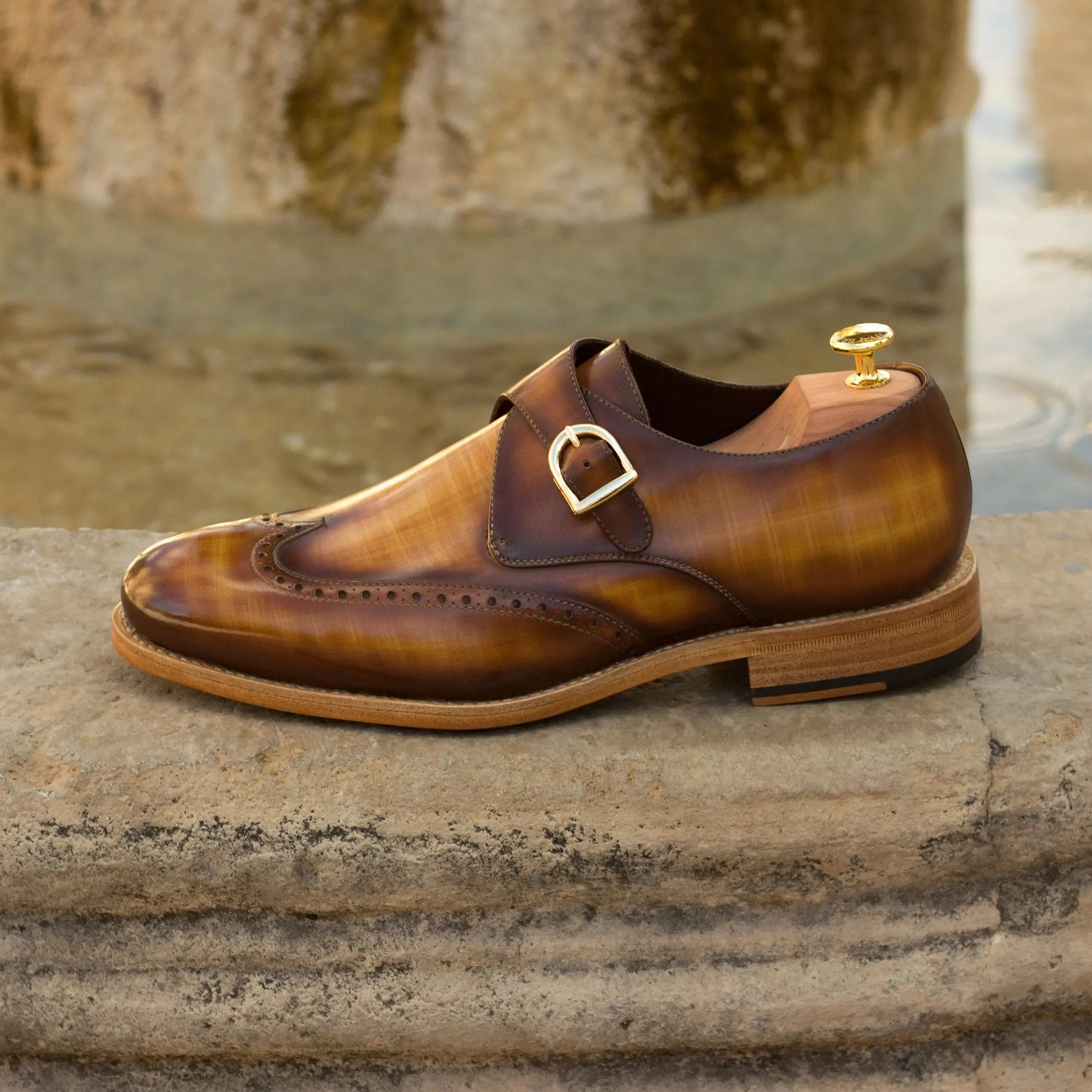 DapperFam Brenno in Cognac Men's Hand-Painted Patina Single Monk