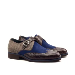 DapperFam Brenno in Dark Brown / Navy / Tweed Men's Sartorial & Italian Suede & Embossed Leather Single Monk