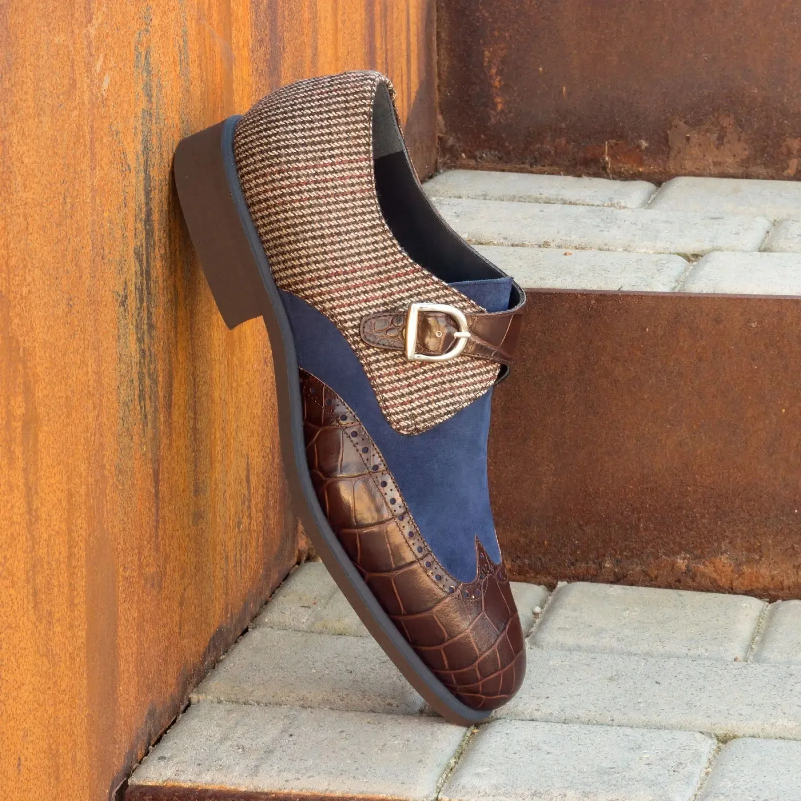 DapperFam Brenno in Dark Brown / Navy / Tweed Men's Sartorial & Italian Suede & Embossed Leather Single Monk