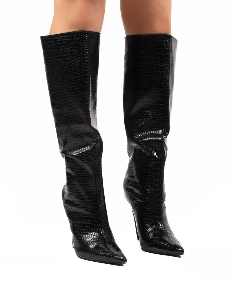 Define Black Croc Stiletto Heeled Boots