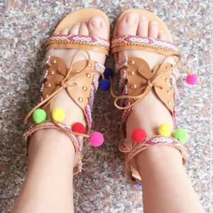 Ethnic Bohemian Gladiator Pompon Strappy Sandals