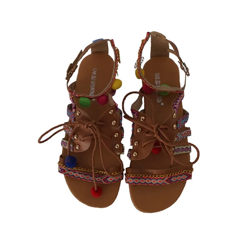 Ethnic Bohemian Gladiator Pompon Strappy Sandals