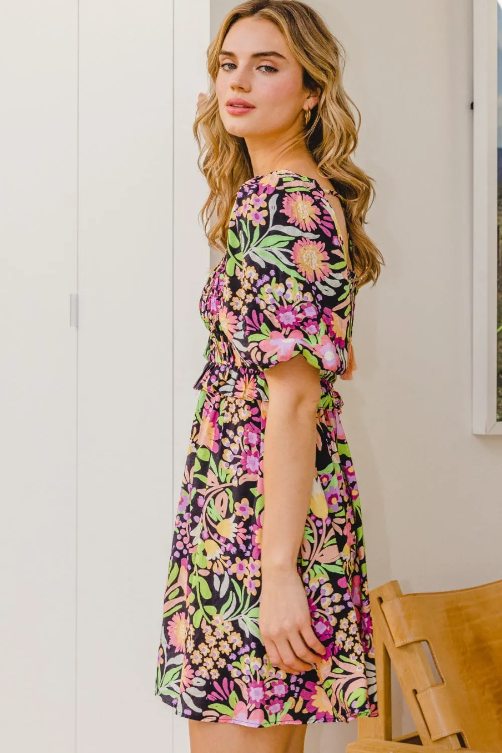 Full Size Floral Tie-Back Mini Dress