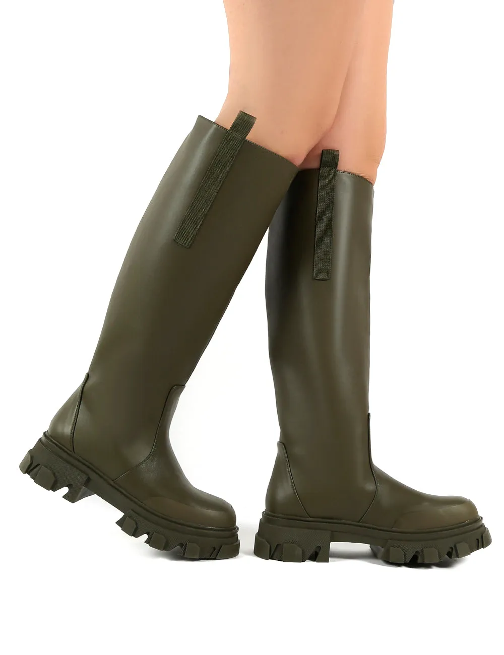 Genius Khaki Knee High Chunky Sole Boots