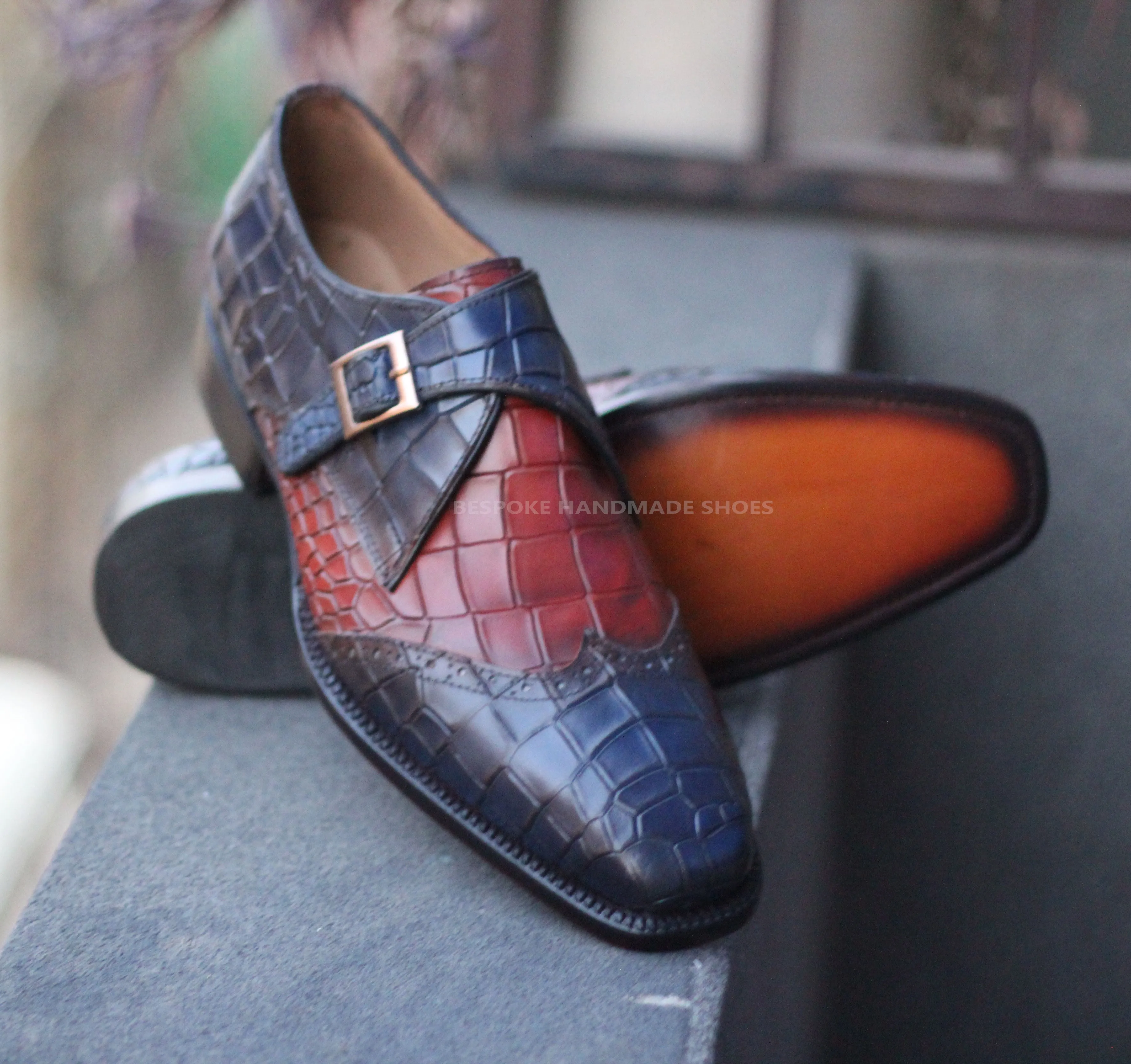 Handmade Men's Two tone Crocodile Print Leather Monk Strap Dress Wingtip Shoes