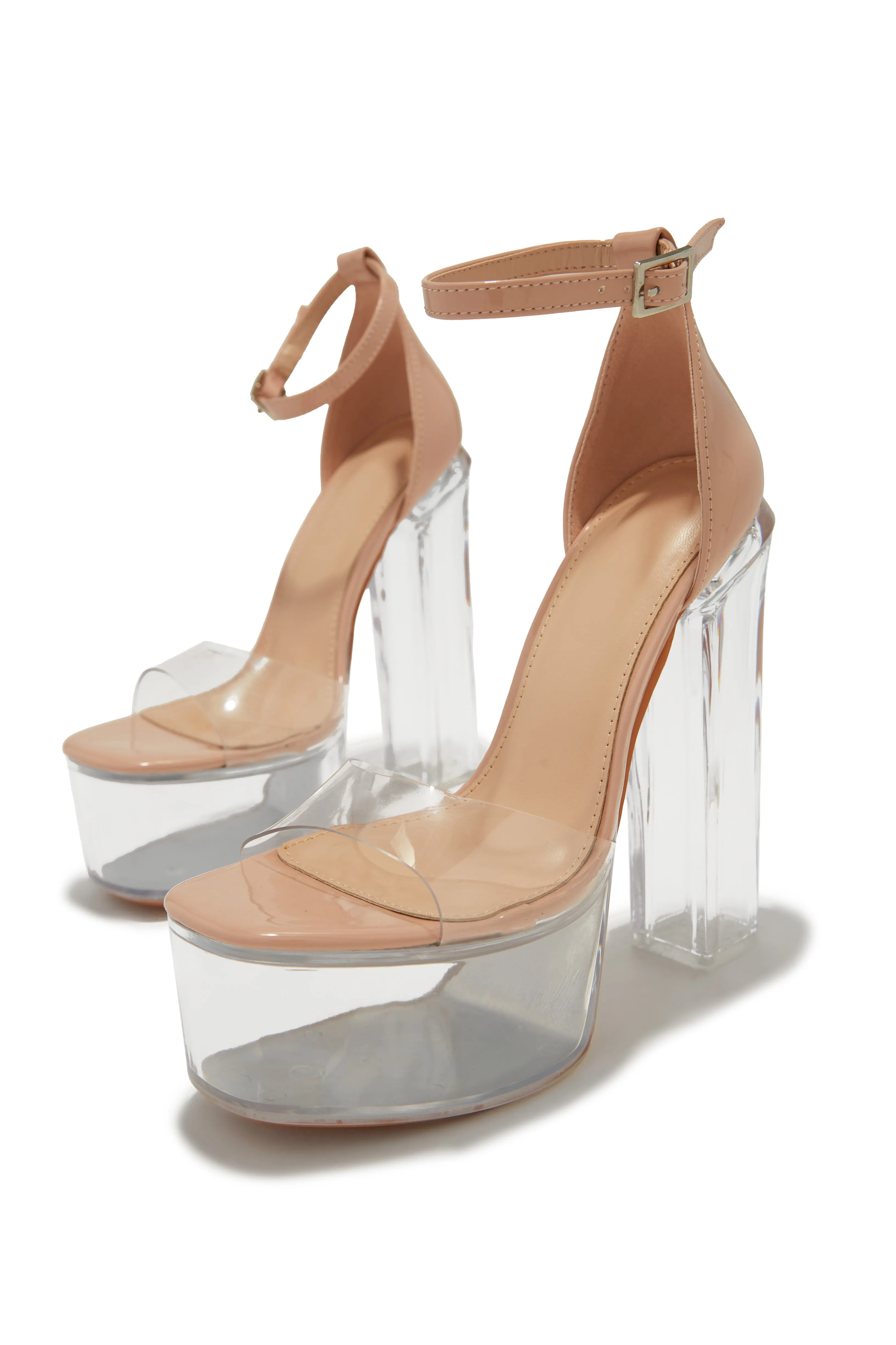 High Rise Platform Block High Heels - Nude