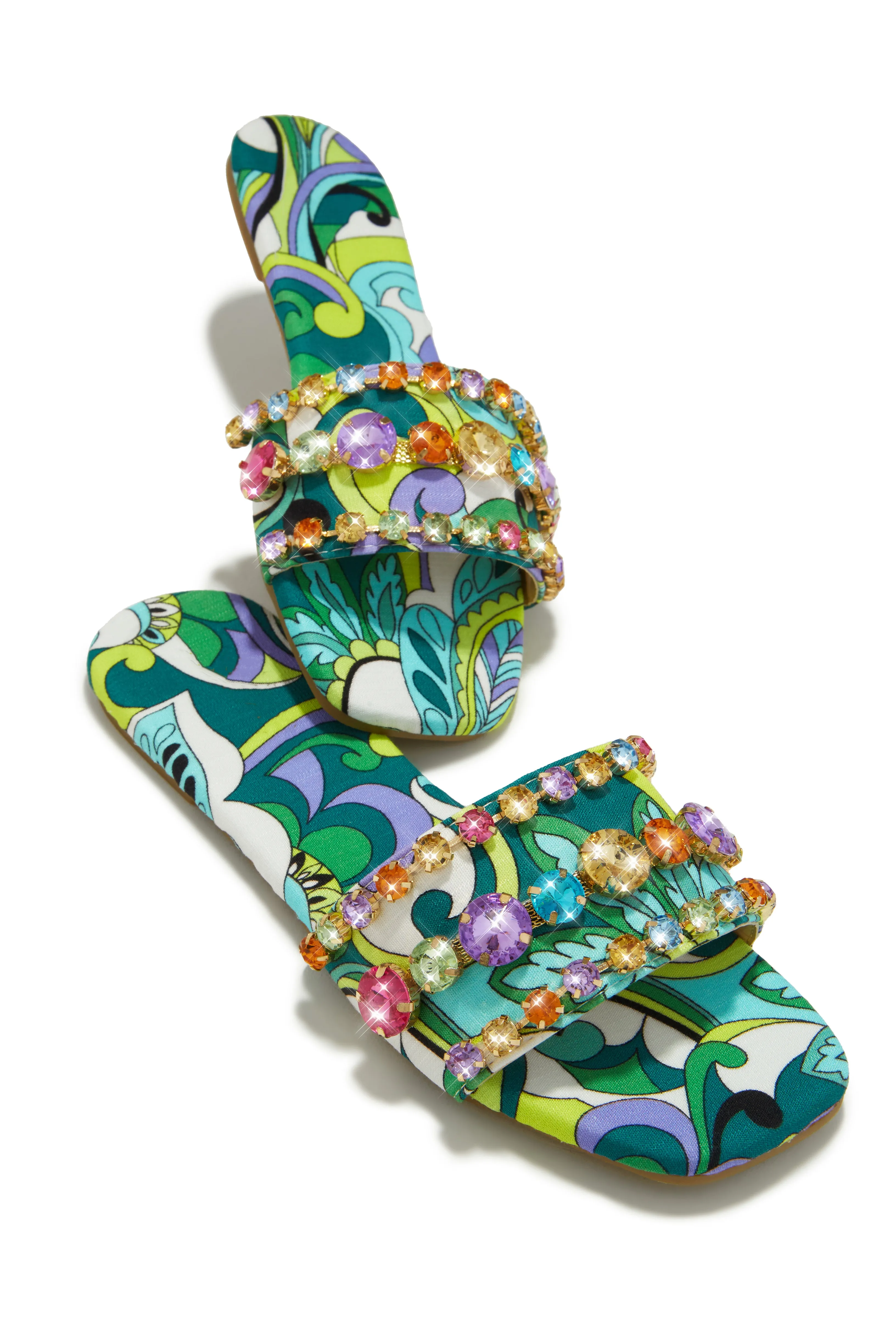 Luxe Paradise Embellished Slip On Sandals - Green