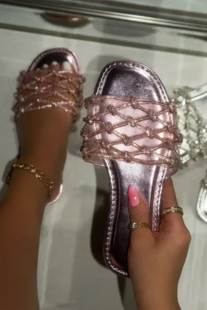 Luxury Villa Embellished Slip On Sandals - Pink