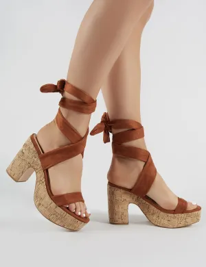 Naive Cork Platform Block Heels in Tan Faux Suede