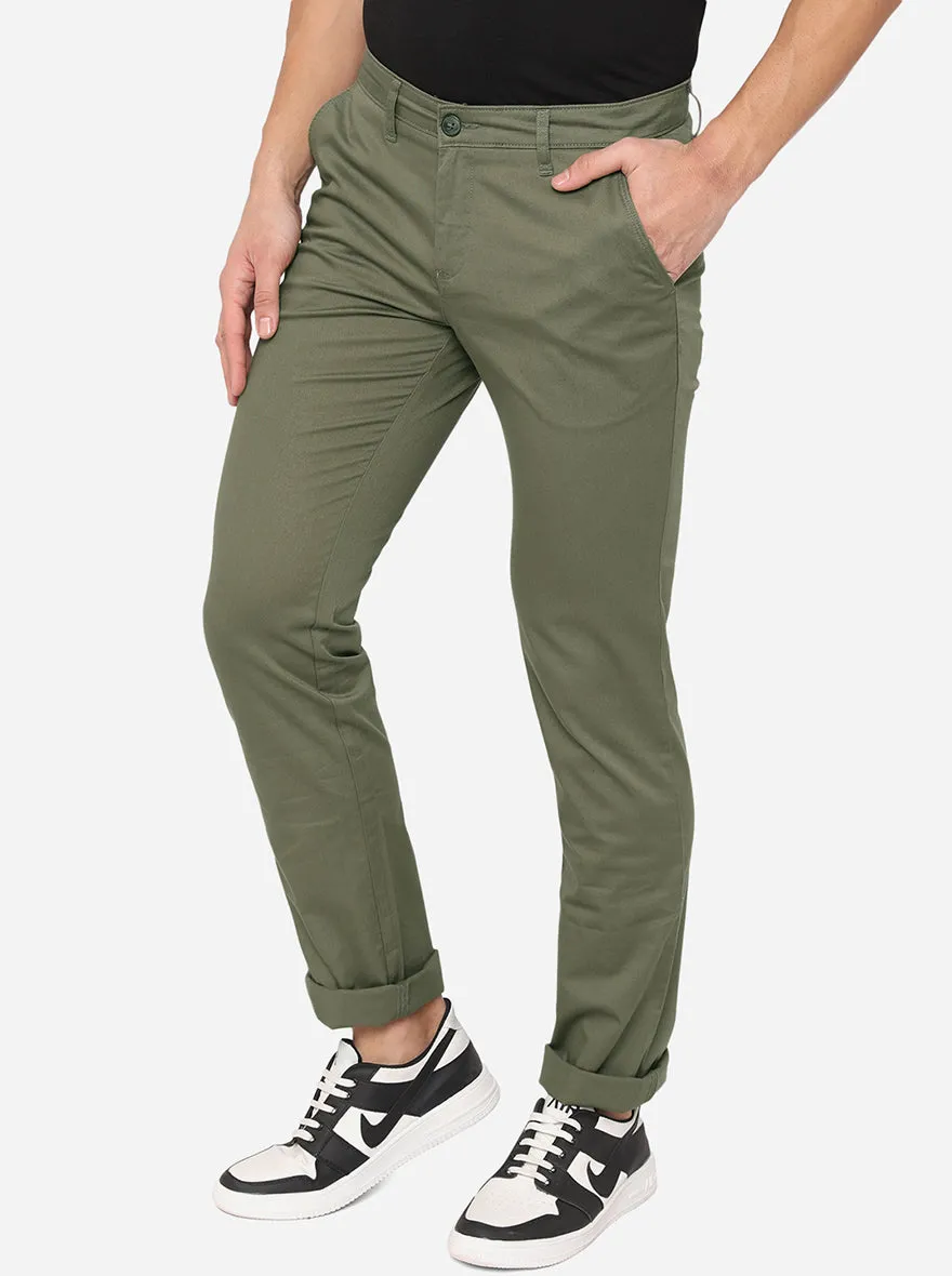 Olive Green Solid Slim Fit Casual Trouser | Greenfibre