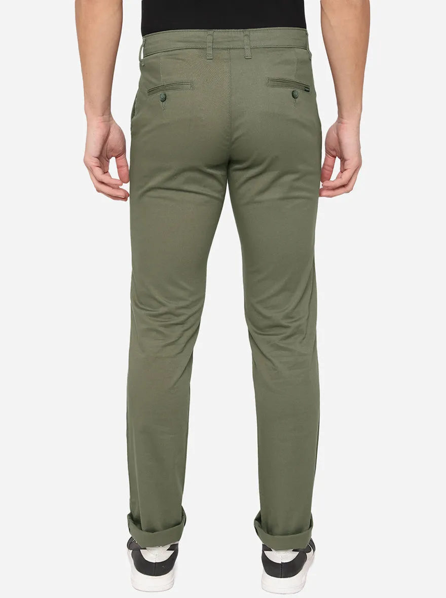 Olive Green Solid Slim Fit Casual Trouser | Greenfibre