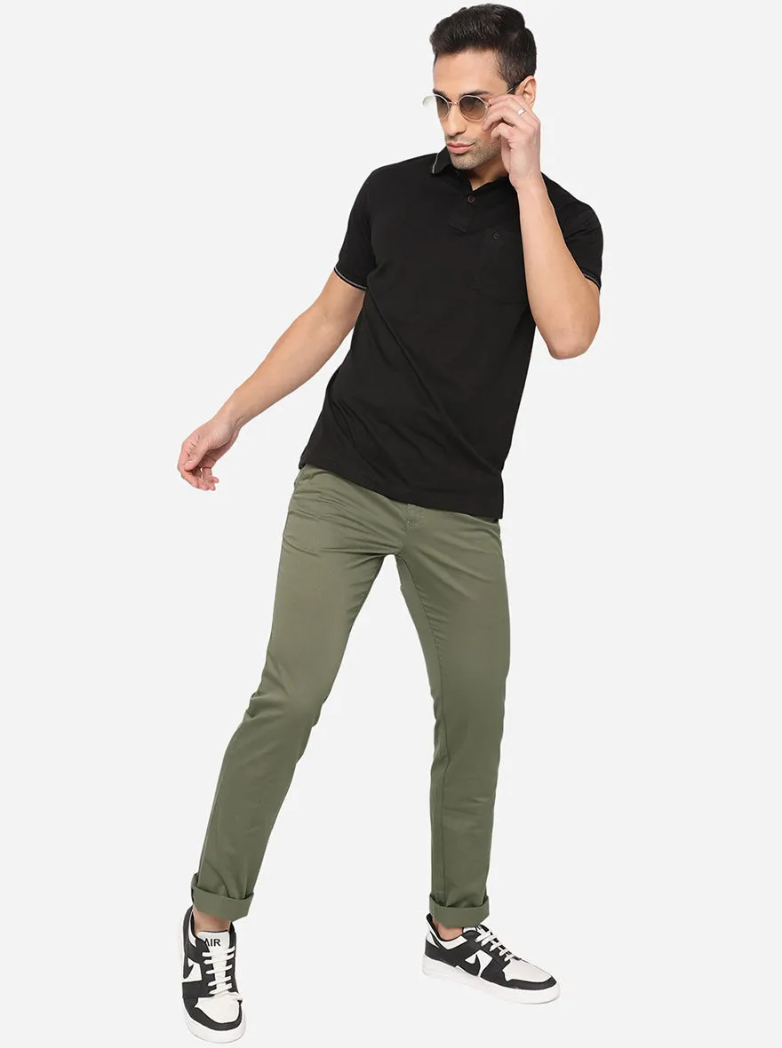 Olive Green Solid Slim Fit Casual Trouser | Greenfibre