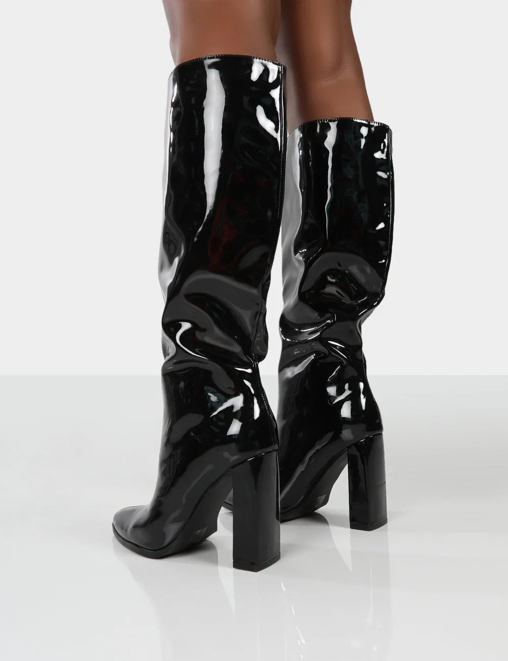 Posie Black Patent Wide Fit Knee High Block Heel Boots