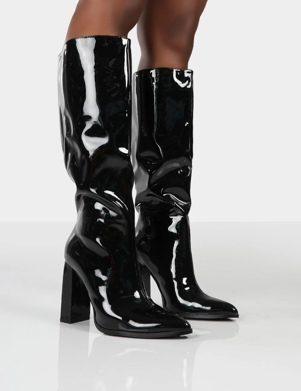 Posie Black Patent Wide Fit Knee High Block Heel Boots