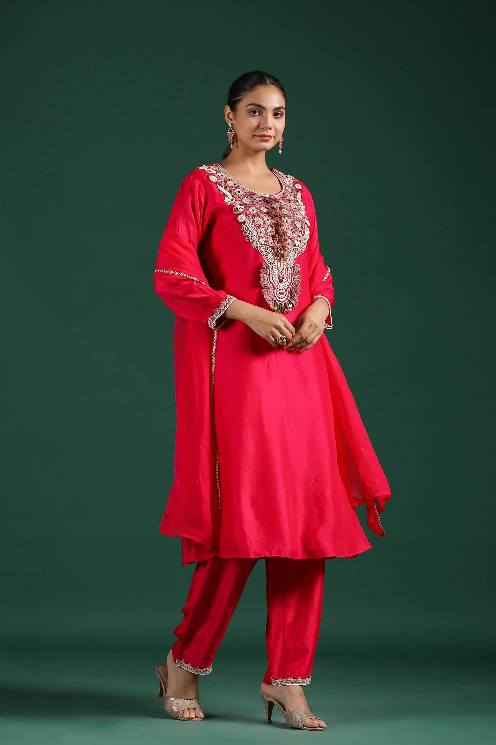 Rani Pink Embroidered Dola Silk Pants Set