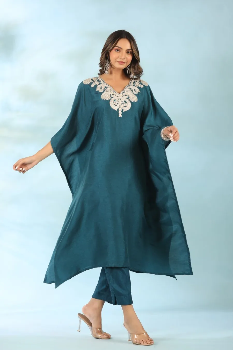 Teal Blue Embroidered Kaftan With Pants