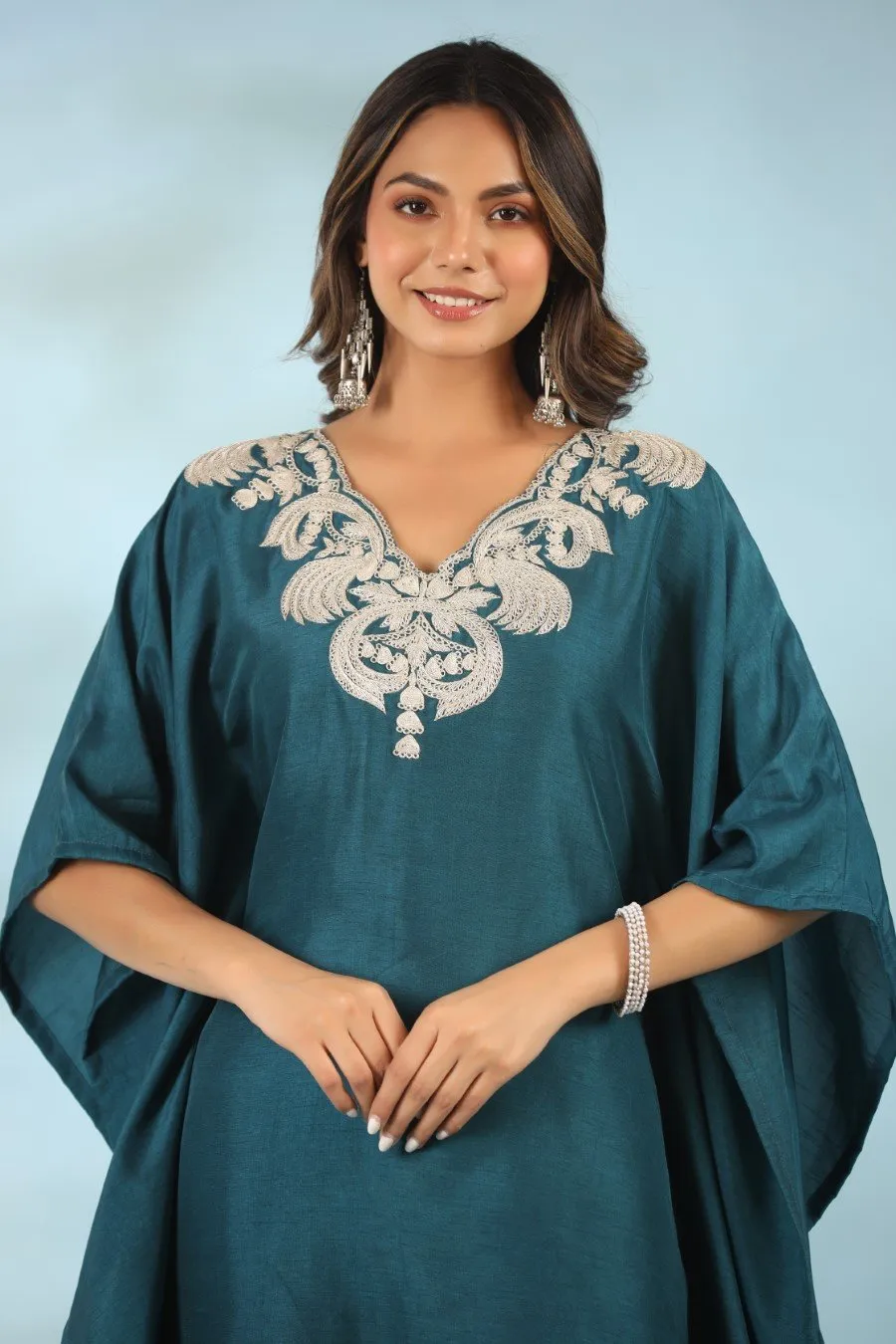 Teal Blue Embroidered Kaftan With Pants