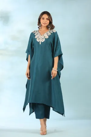 Teal Blue Embroidered Kaftan With Pants