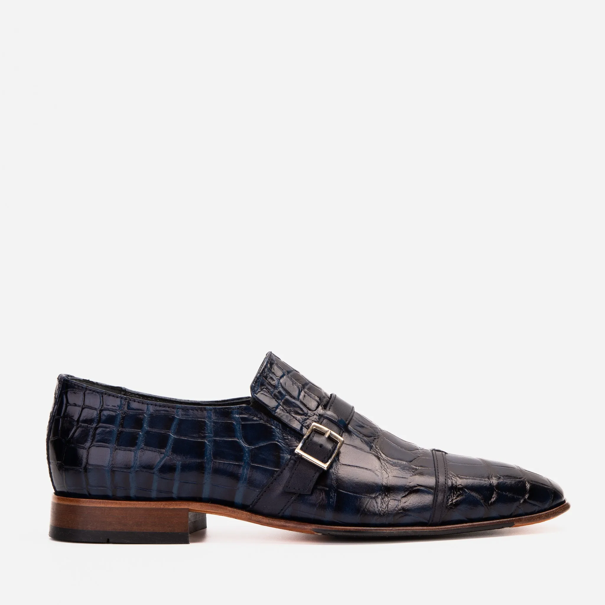 The Strat Single Monk Strap Cap Toe Navy Leather Handmade Men Shoe