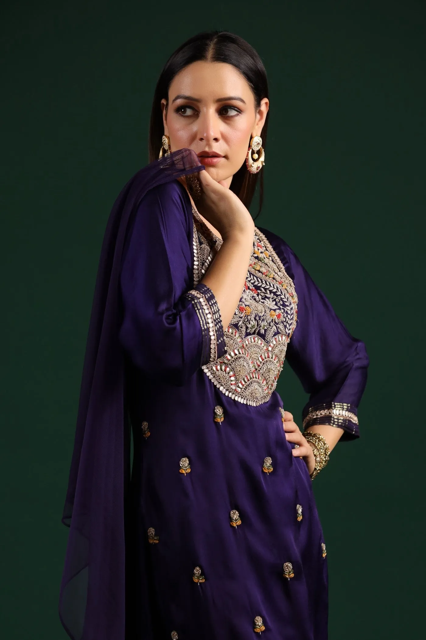 Violet Embellished Gazzi Silk Pant Set