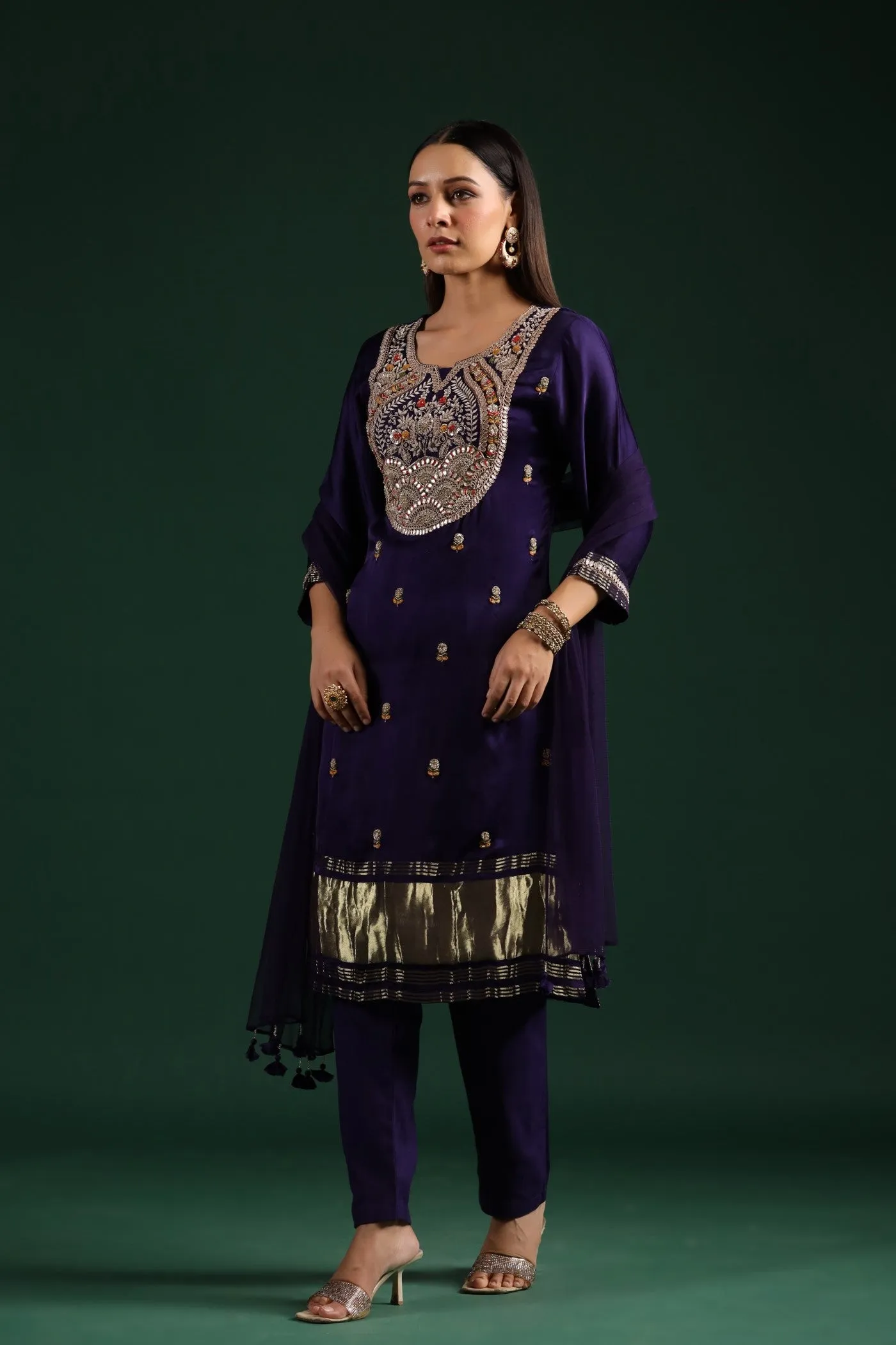 Violet Embellished Gazzi Silk Pant Set