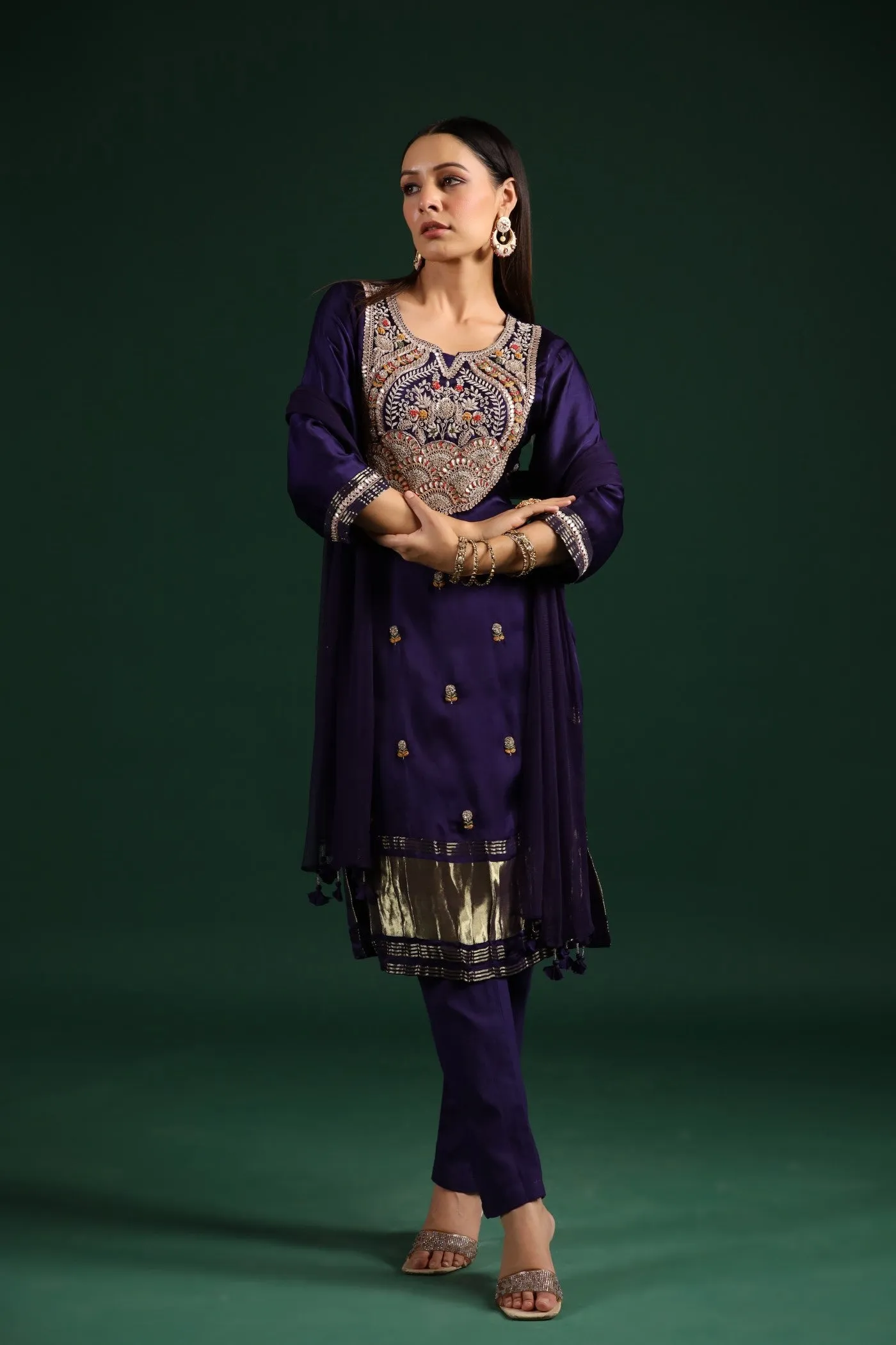 Violet Embellished Gazzi Silk Pant Set