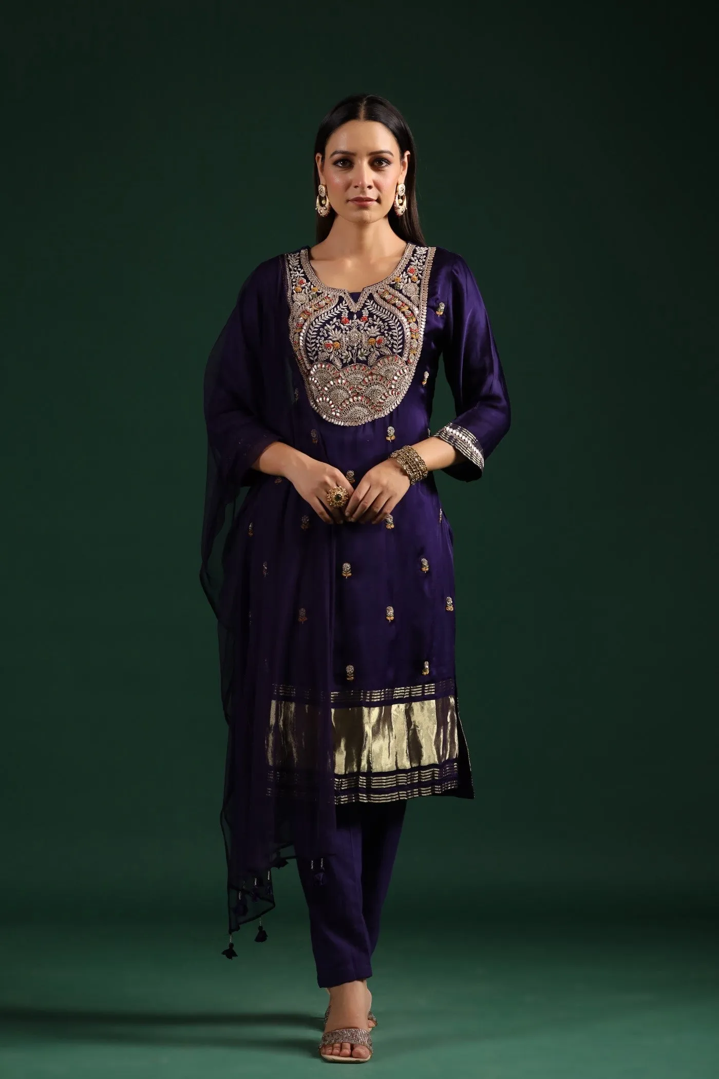 Violet Embellished Gazzi Silk Pant Set