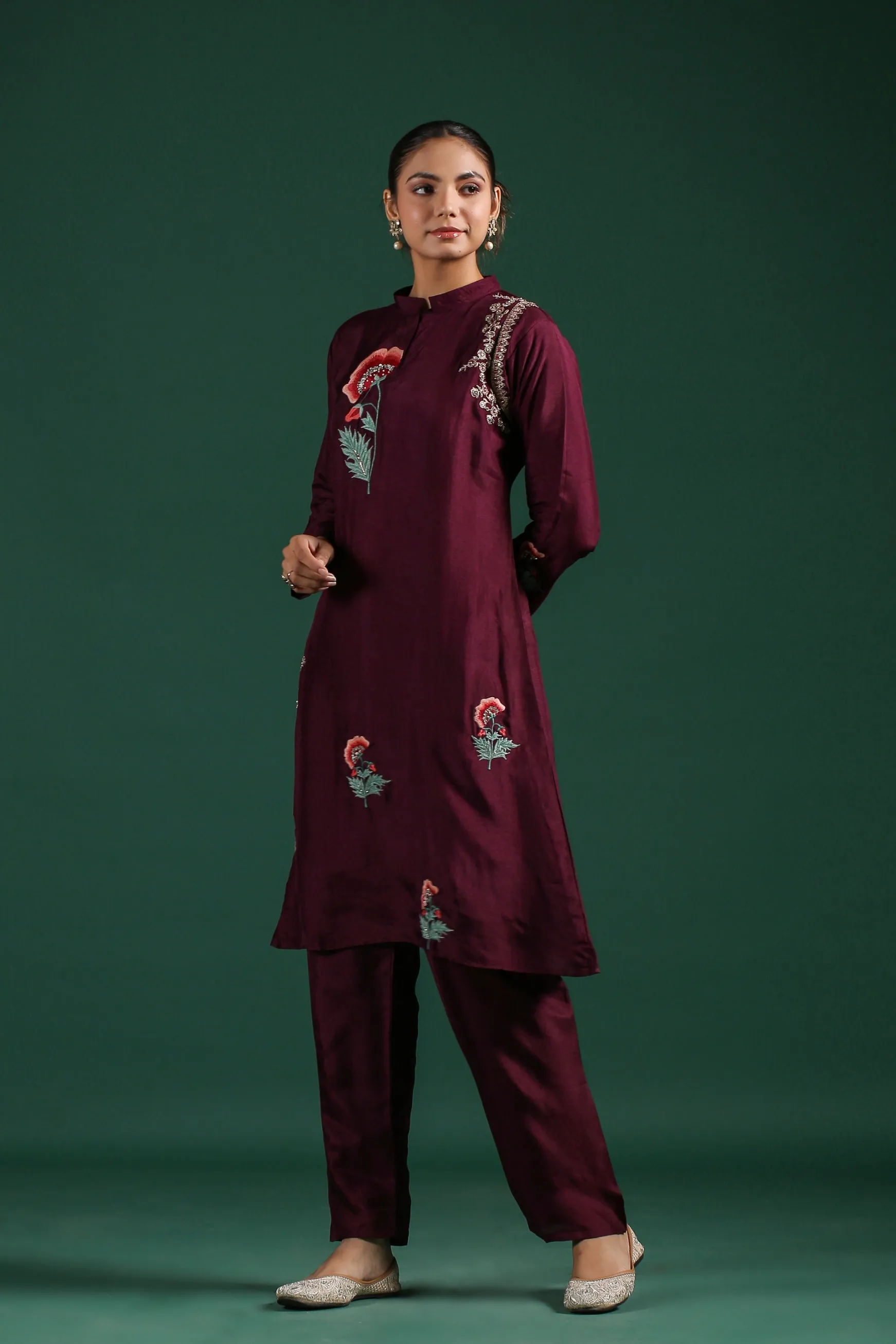 Wine Embroidered Dola Silk Pants Set