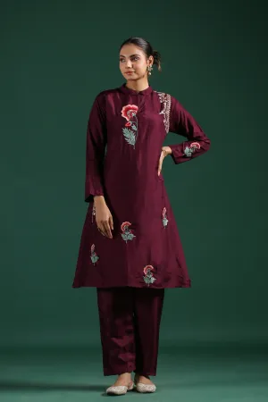 Wine Embroidered Dola Silk Pants Set