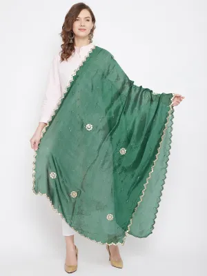 Women Bottle Green Embellished Silk Dupatta